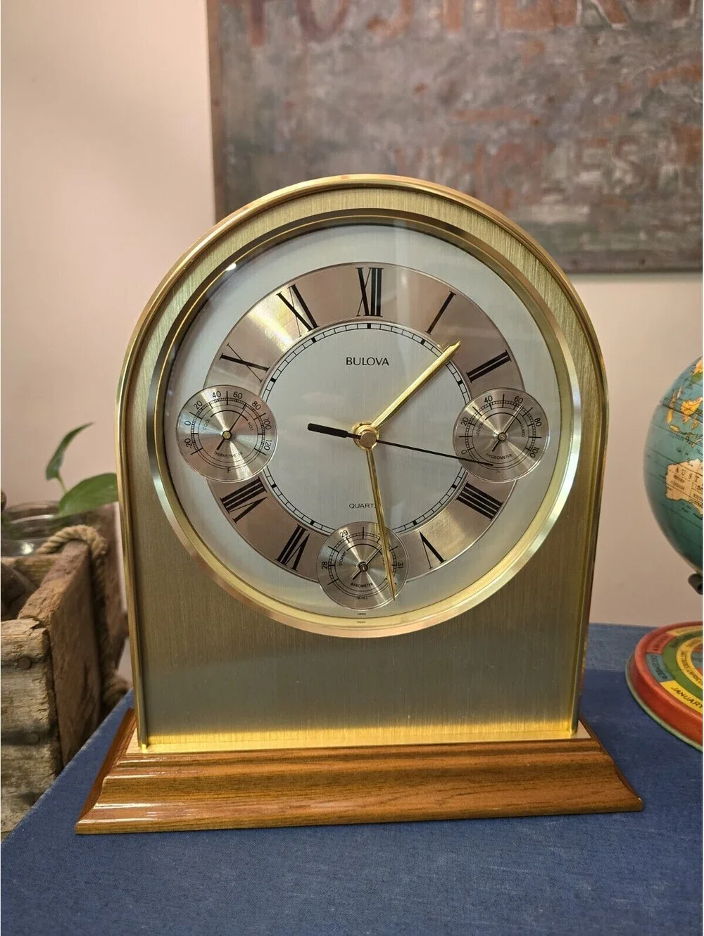 Vintage Bulova Gold Metal Mantel Clock Thermometer Barometer Hygrometer